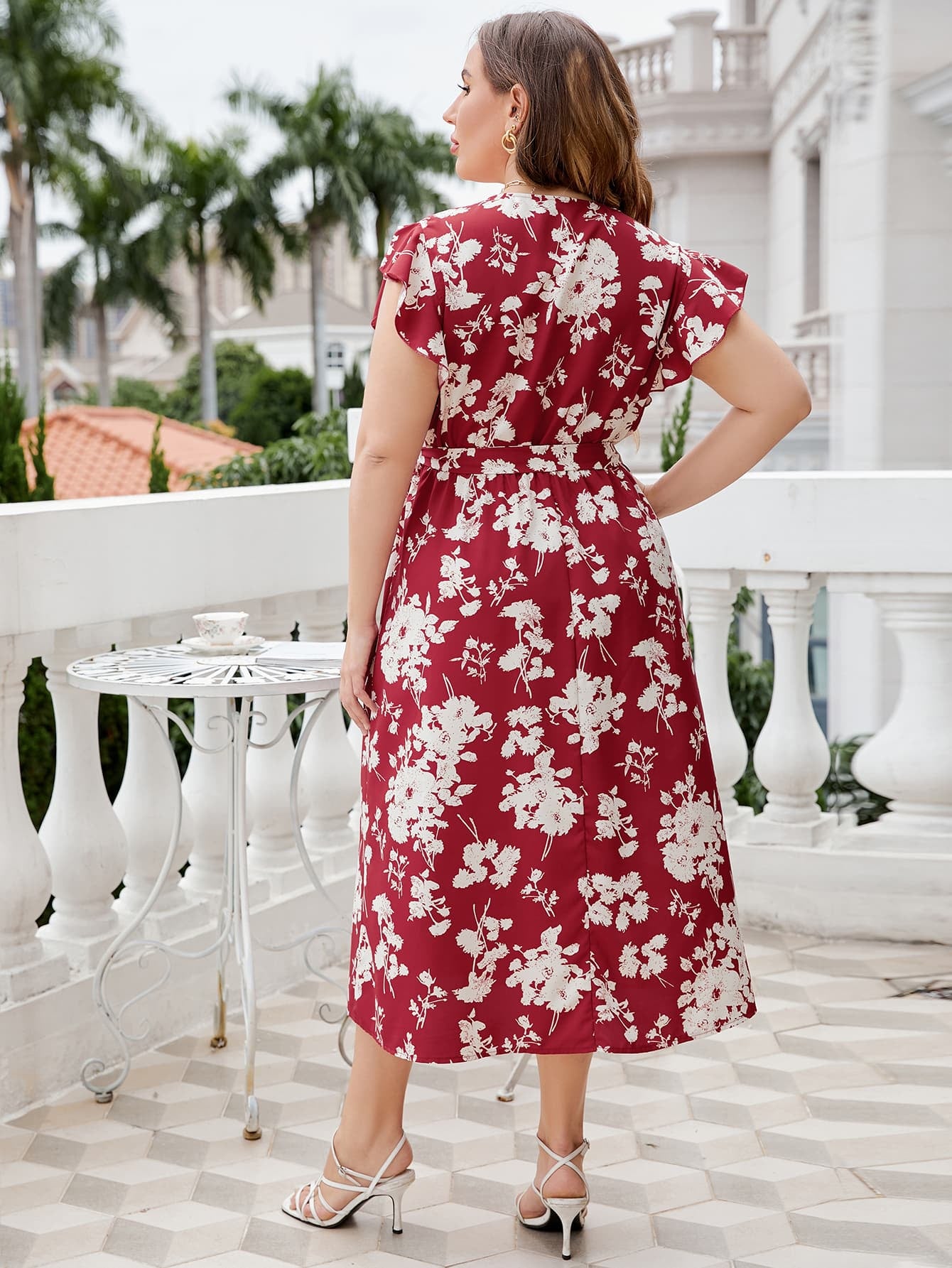 Plus Size Floral Tie Waist Surplice Neck Midi Dress - nailedmoms