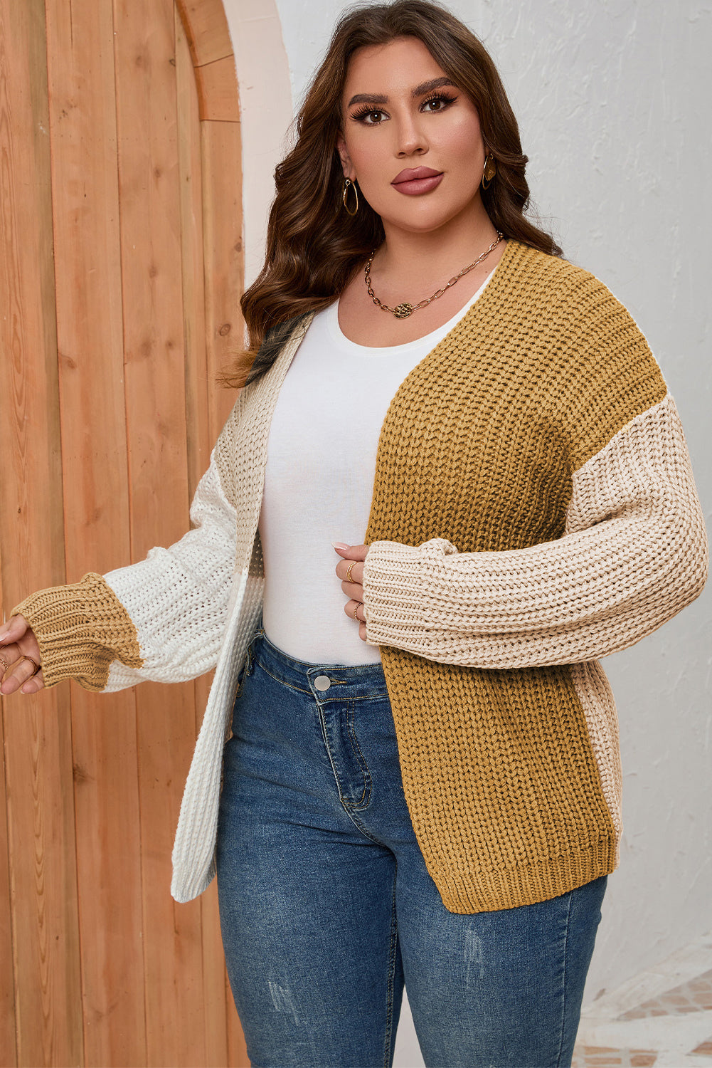 Plus Size Color Block Dropped Shoulder Cardigan - nailedmoms