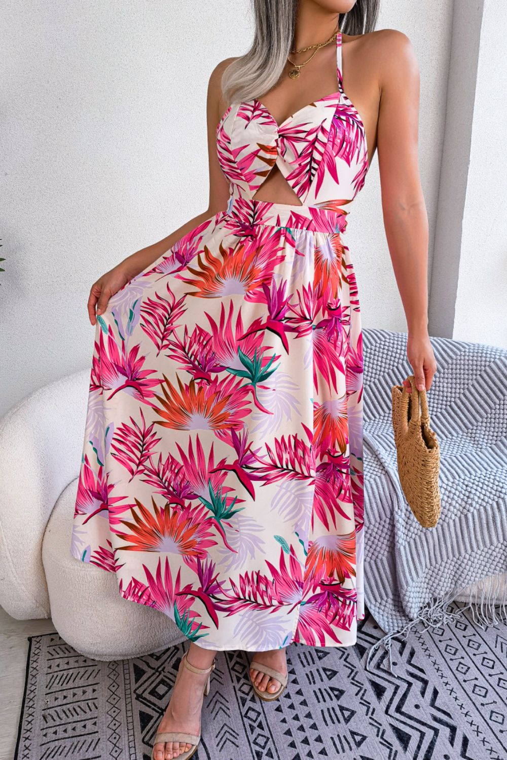 Botanical Print Tied Backless Cutout Slit Dress - nailedmoms
