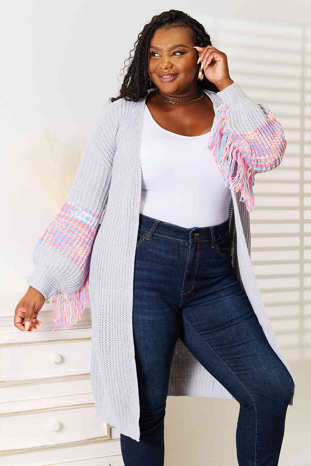 Woven Right Fringe Sleeve Dropped Shoulder Cardigan - nailedmoms