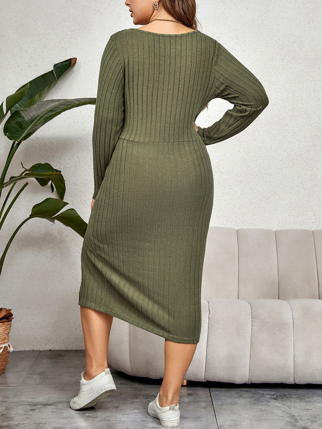 Plus Size Ribbed Round Neck Twisted Slit Midi Dress - nailedmoms