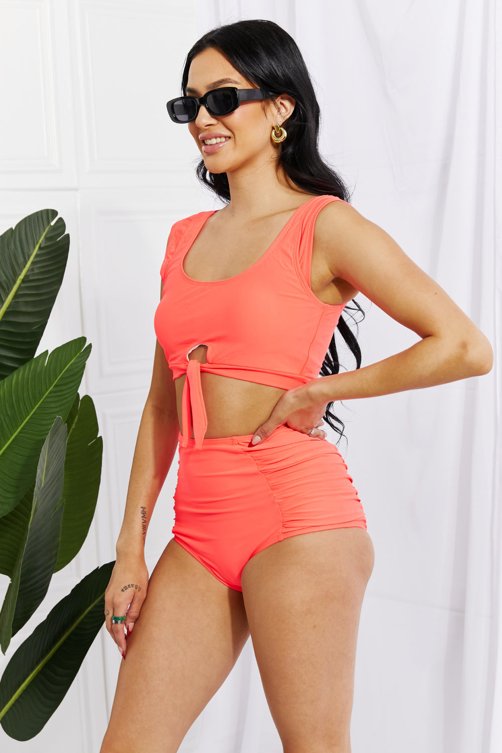 Marina West Swim Sanibel Crop Swim Top and Ruched Bottoms Set in Coral - nailedmoms