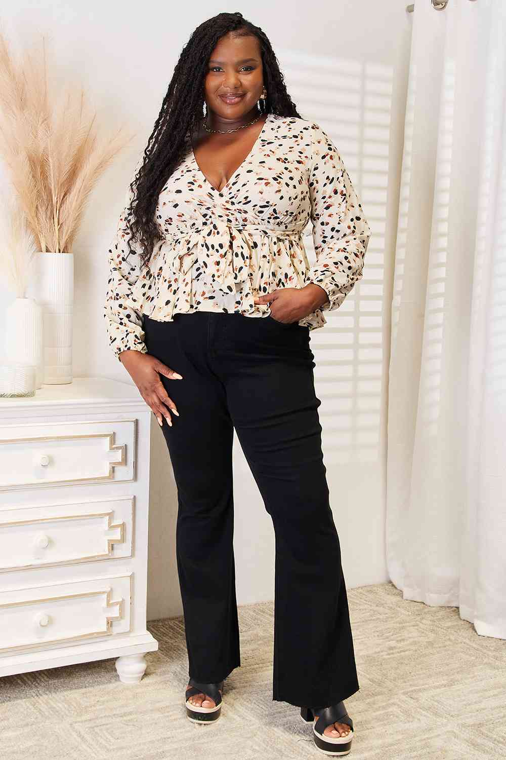 Double Take Printed Tied Plunge Peplum Blouse - nailedmoms