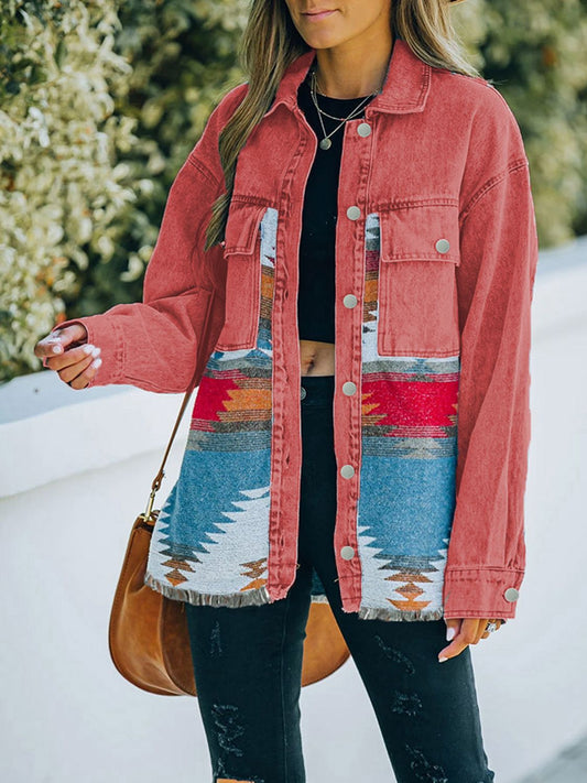 Dropped Shoulder Long Sleeve Printed Denim Jacket - nailedmoms