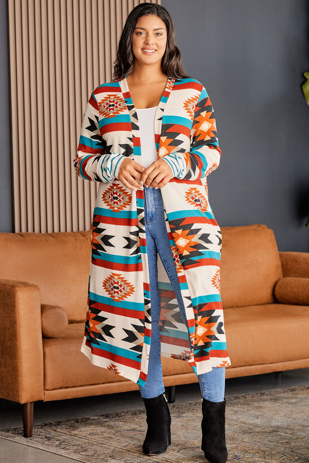 Plus Size Geometric Open Front Longline Cardigan - nailedmoms