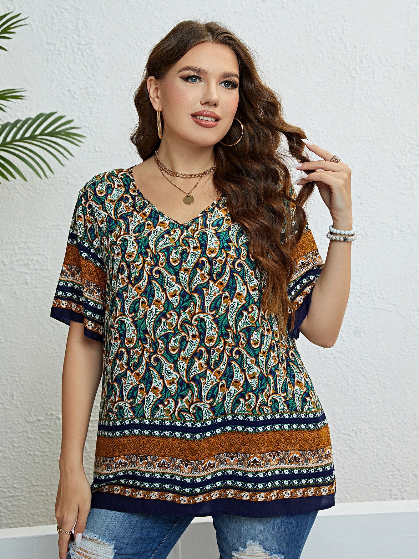 Plus Size Bohemian Printed V-Neck Blouse - nailedmoms