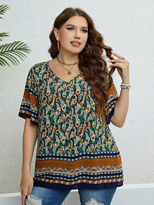 Plus Size Bohemian Printed V-Neck Blouse - nailedmoms