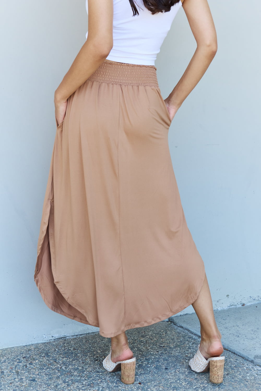 Doublju Comfort Princess Full Size High Waist Scoop Hem Maxi Skirt in Tan - nailedmoms