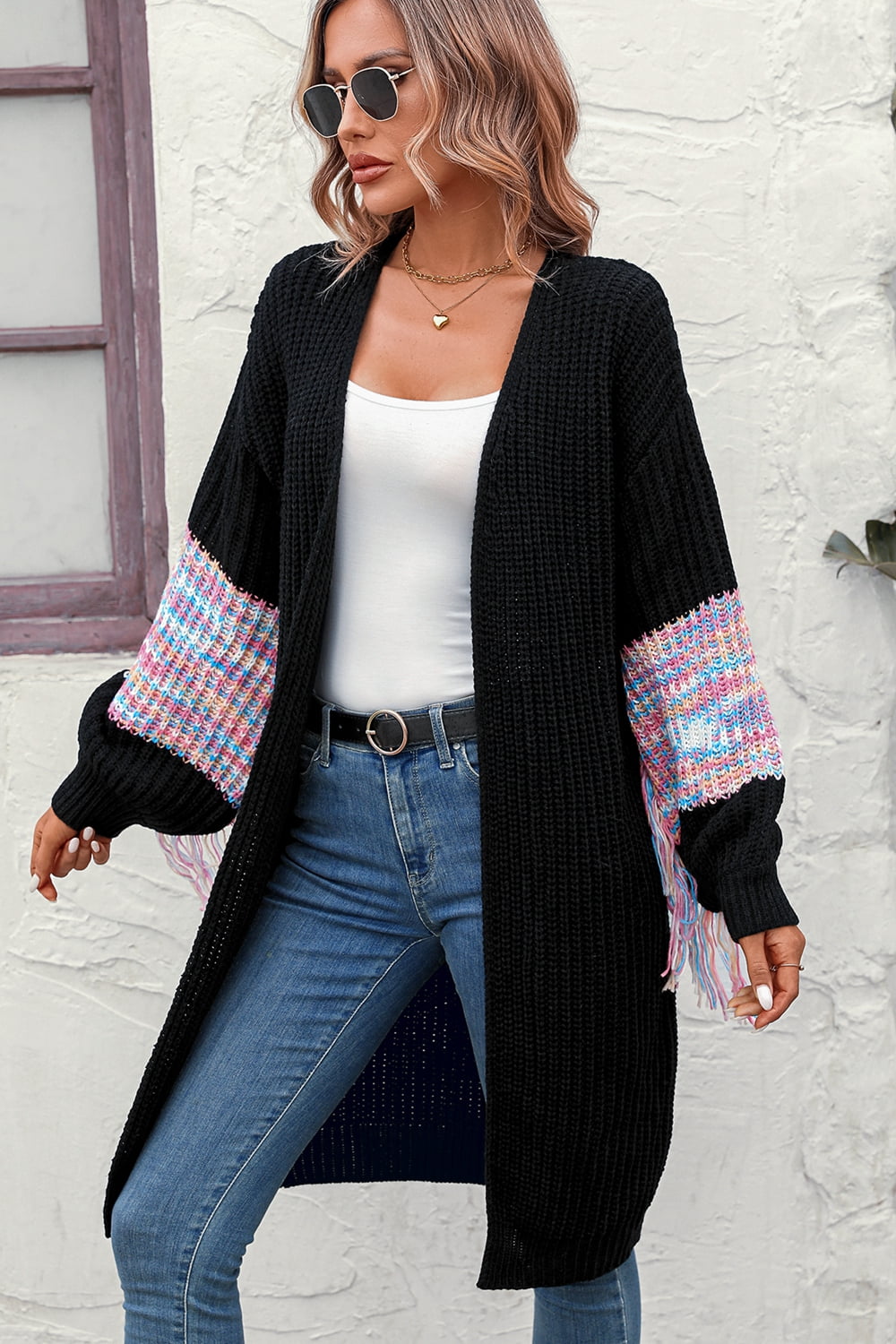 Fringe Sleeve Dropped Shoulder Cardigan - nailedmoms