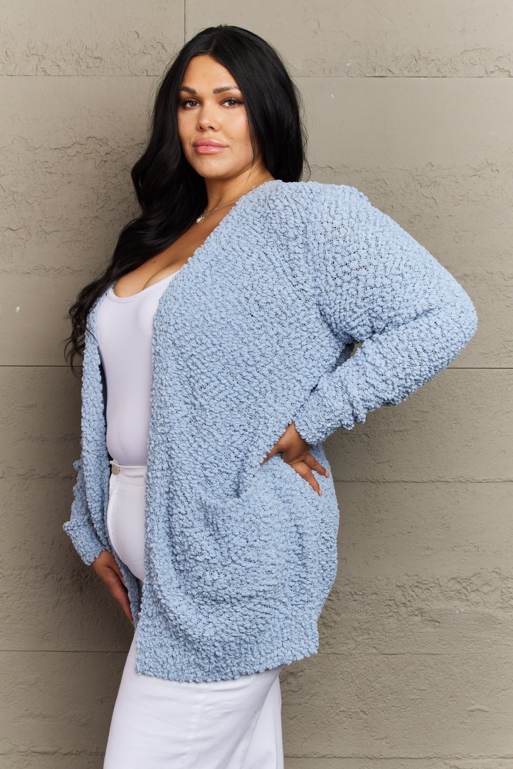 Zenana Falling For You Full Size Open Front Popcorn Cardigan - nailedmoms