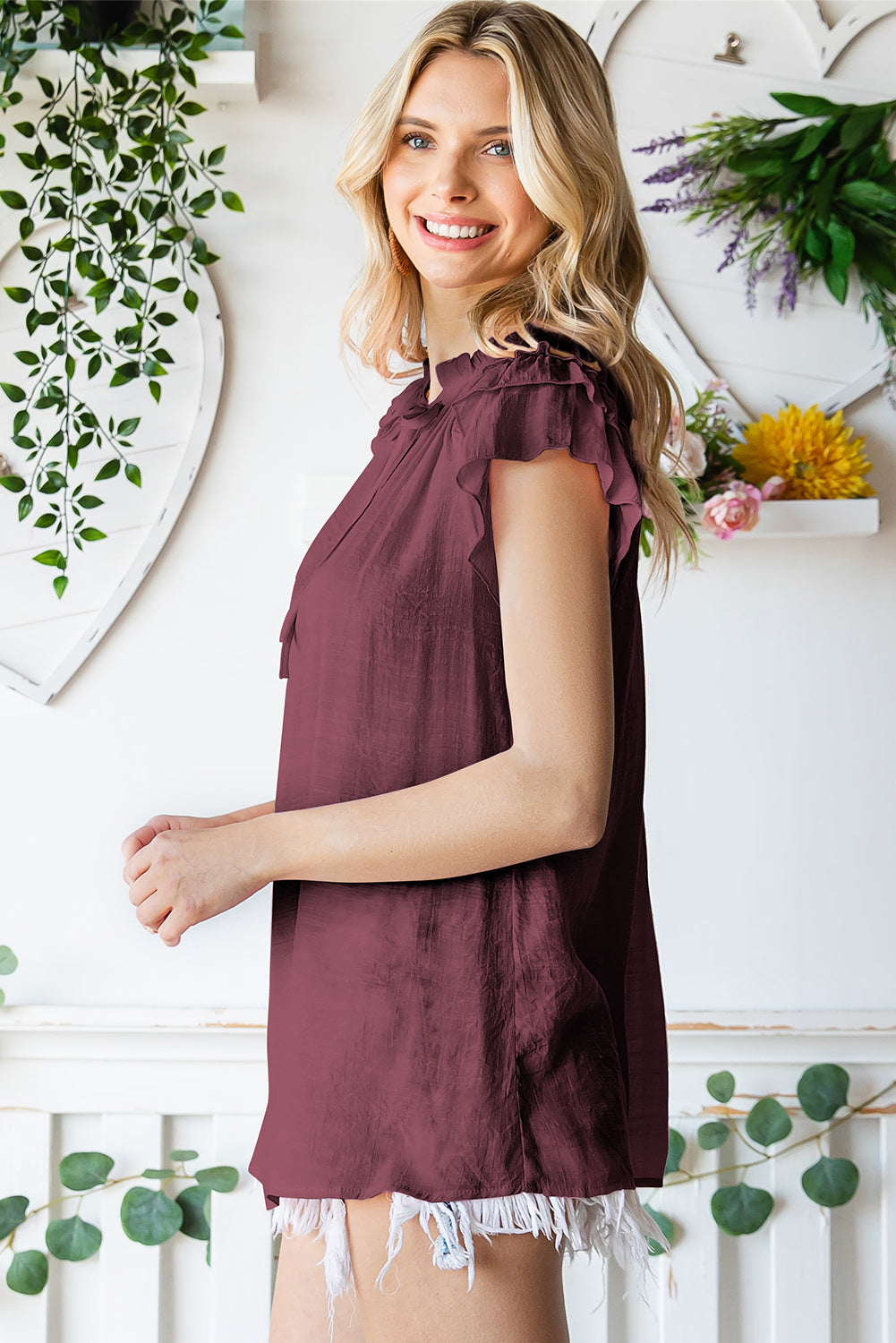 Tie-Neck Flutter Sleeve Blouse - nailedmoms
