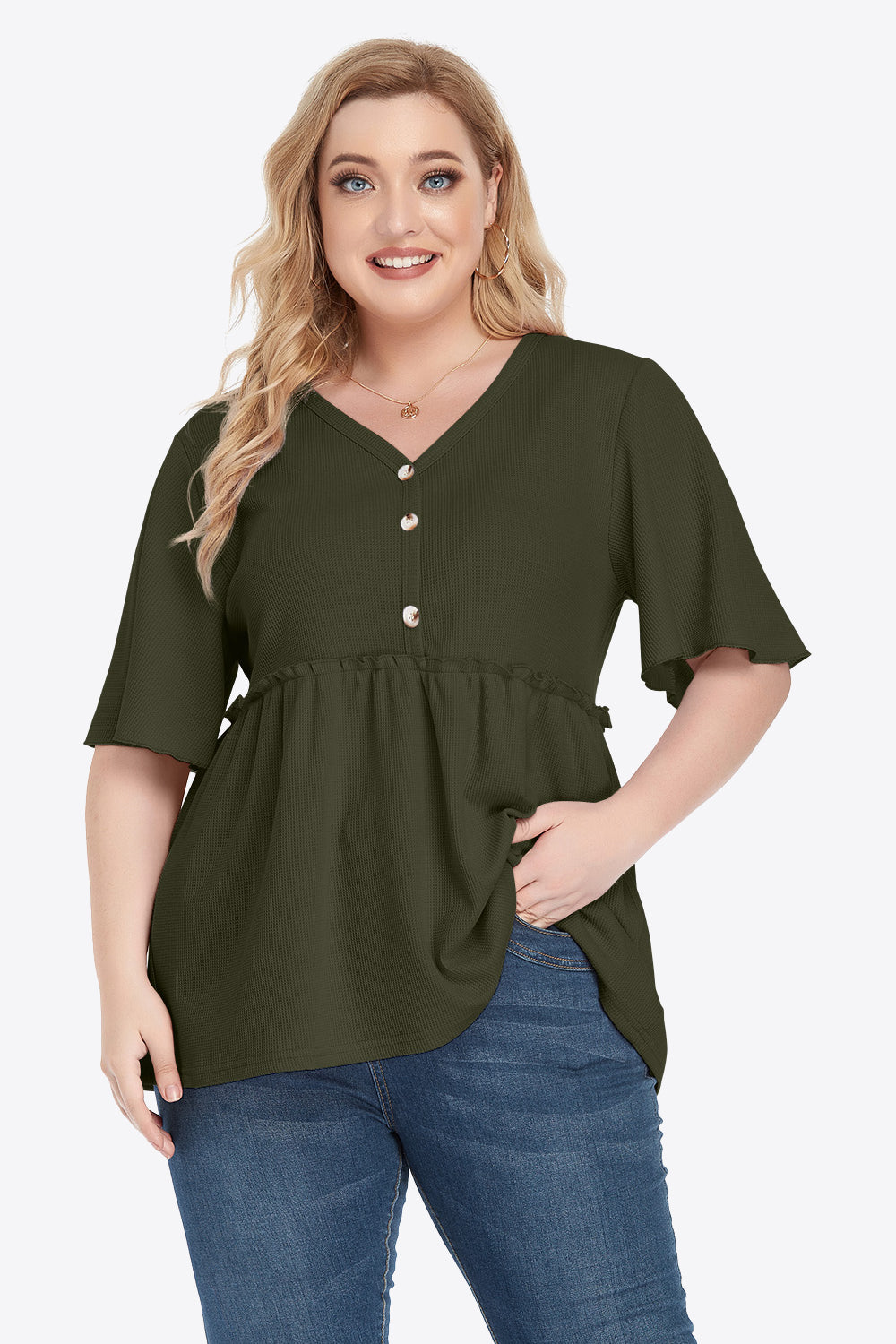 Plus Size Buttoned V-Neck Frill Trim Babydoll Blouse - nailedmoms