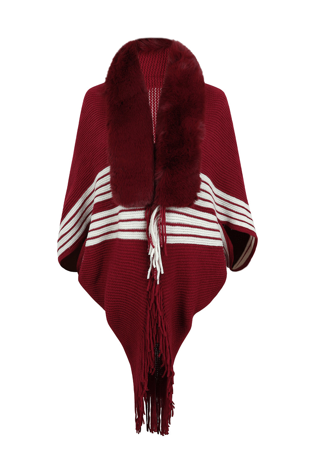 Striped Fringe Detail Long Sleeve Poncho - nailedmoms