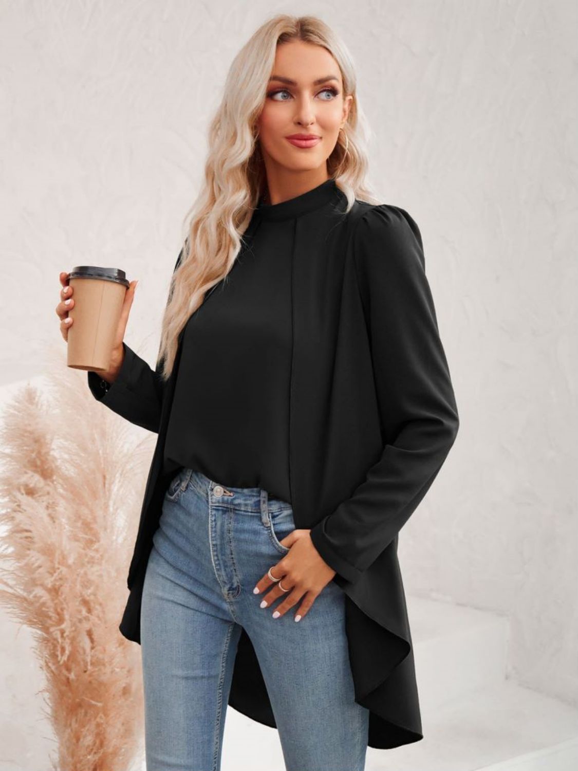 Long Puff Sleeve High-Low Blouse - nailedmoms