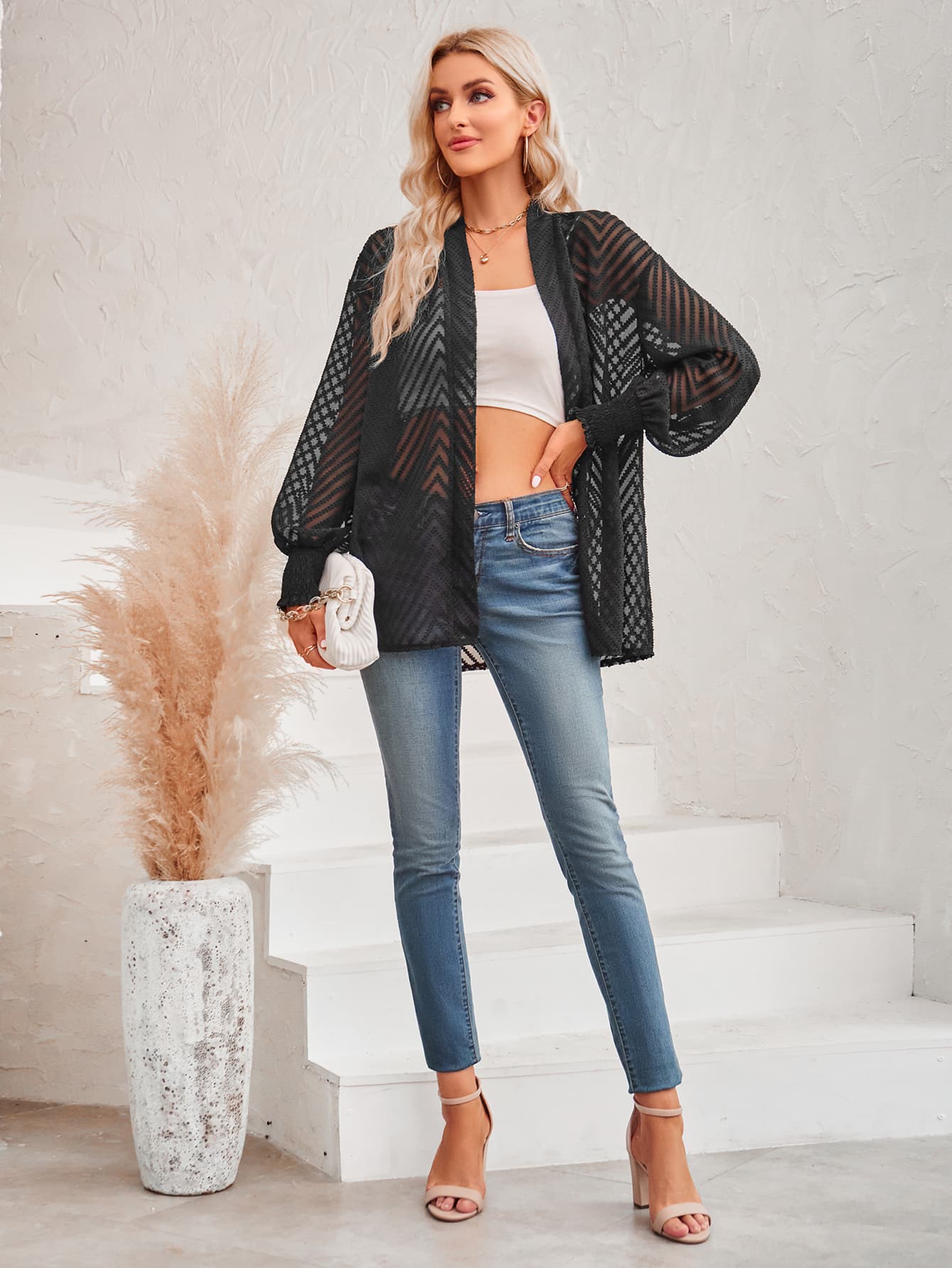 Lantern Sleeve Open Front Sheer Cardigan - nailedmoms