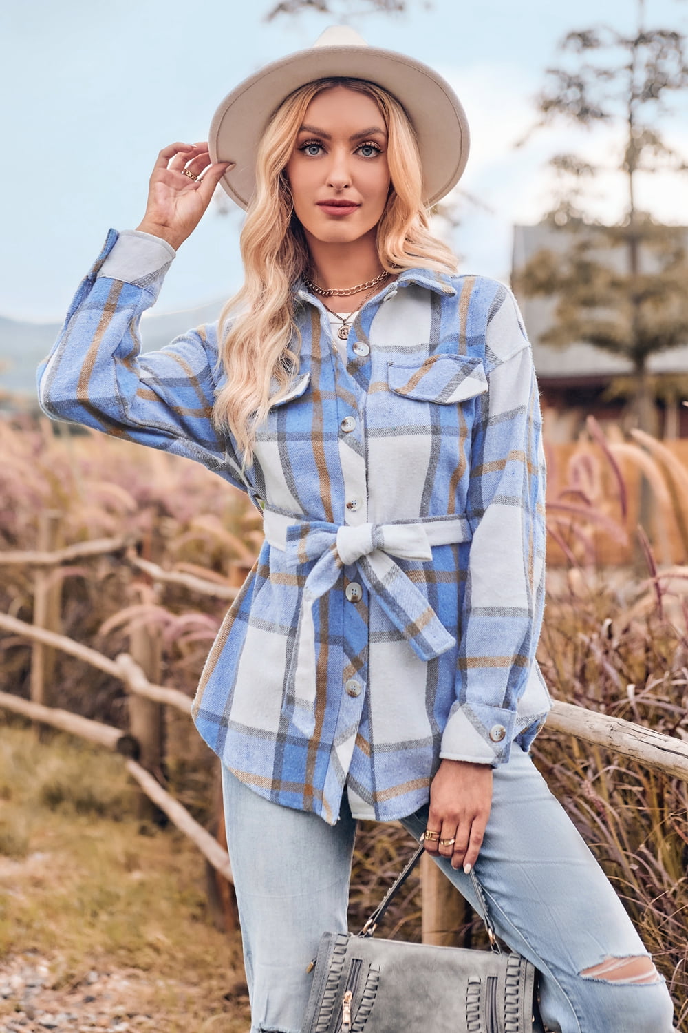Plaid Collared Neck Bow Front Long Sleeve Jacket - nailedmoms