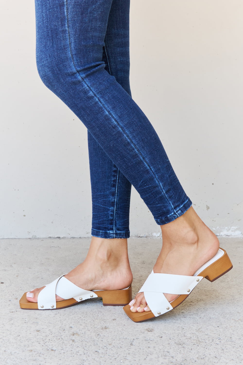 Weeboo Step Into Summer Criss Cross Wooden Clog Mule in White - nailedmoms