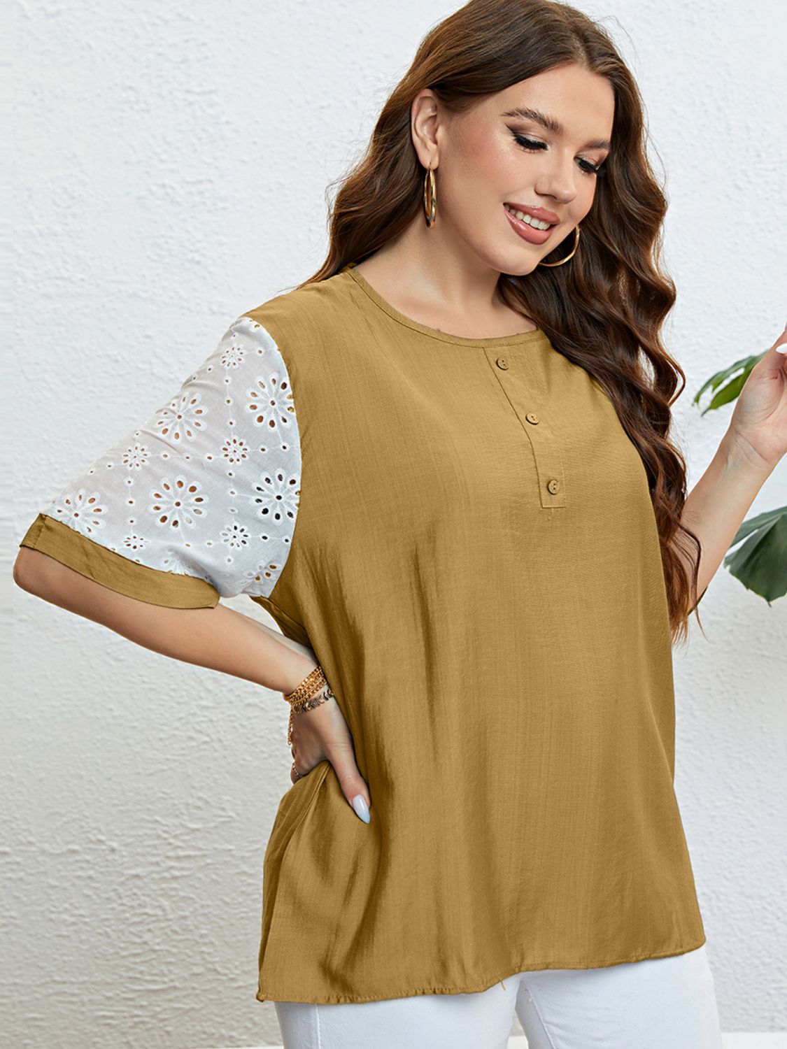 Plus Size Contrast Decorative Button Half Sleeve Top - nailedmoms