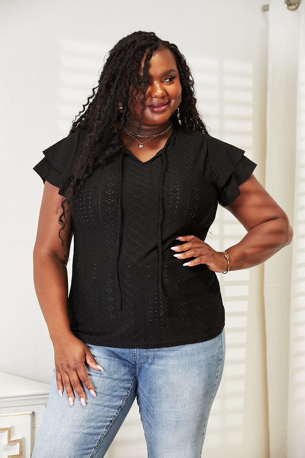 Double Take Eyelet Tie-Neck Flutter Sleeve Blouse - nailedmoms