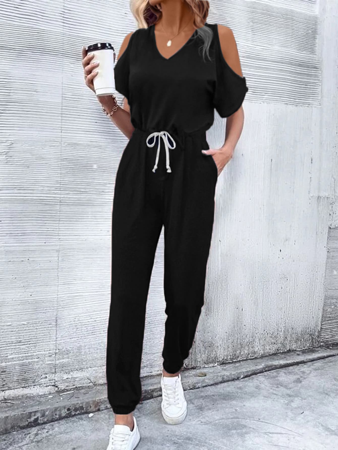 V-Neck Cold-Shoulder Jumpsuit with Pockets - nailedmoms