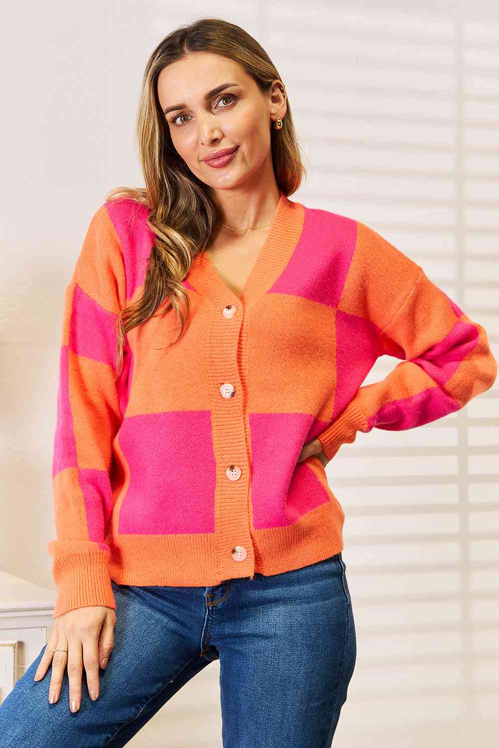 Woven Right Checkered V-Neck Dropped Shoulder Cardigan - nailedmoms