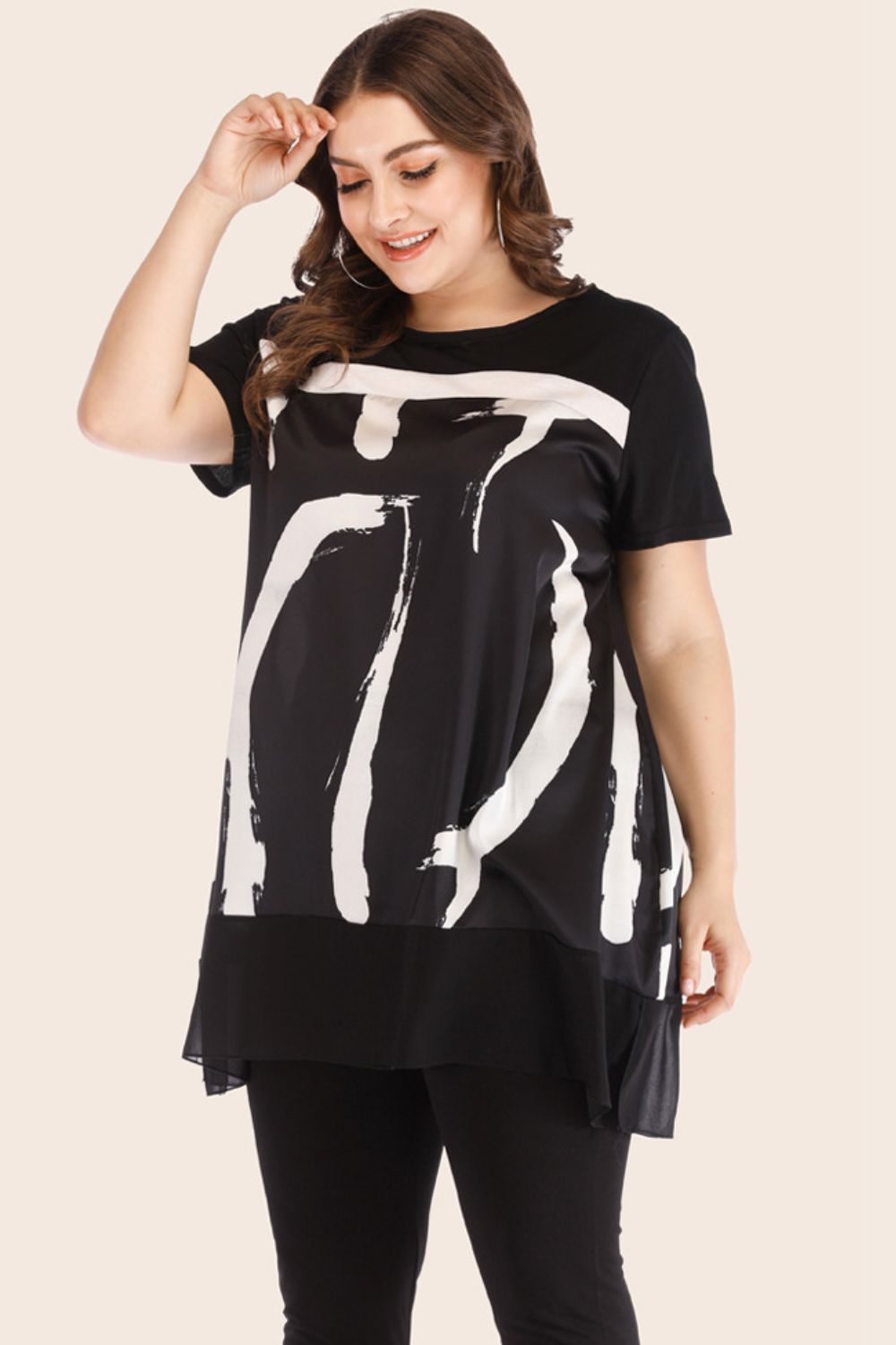 Plus Size Contrast Spliced Mesh T-Shirt and Cropped Leggings Set - nailedmoms