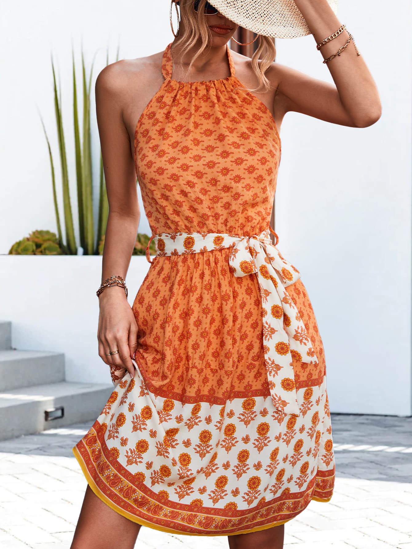 Floral Halter Neck Tie Waist Dress - nailedmoms