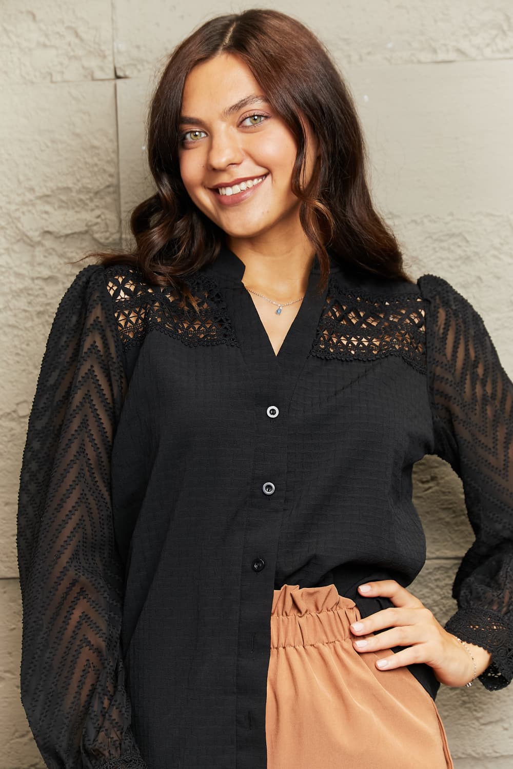 Notched Neck Openwork Long Sleeve Shirt - nailedmoms