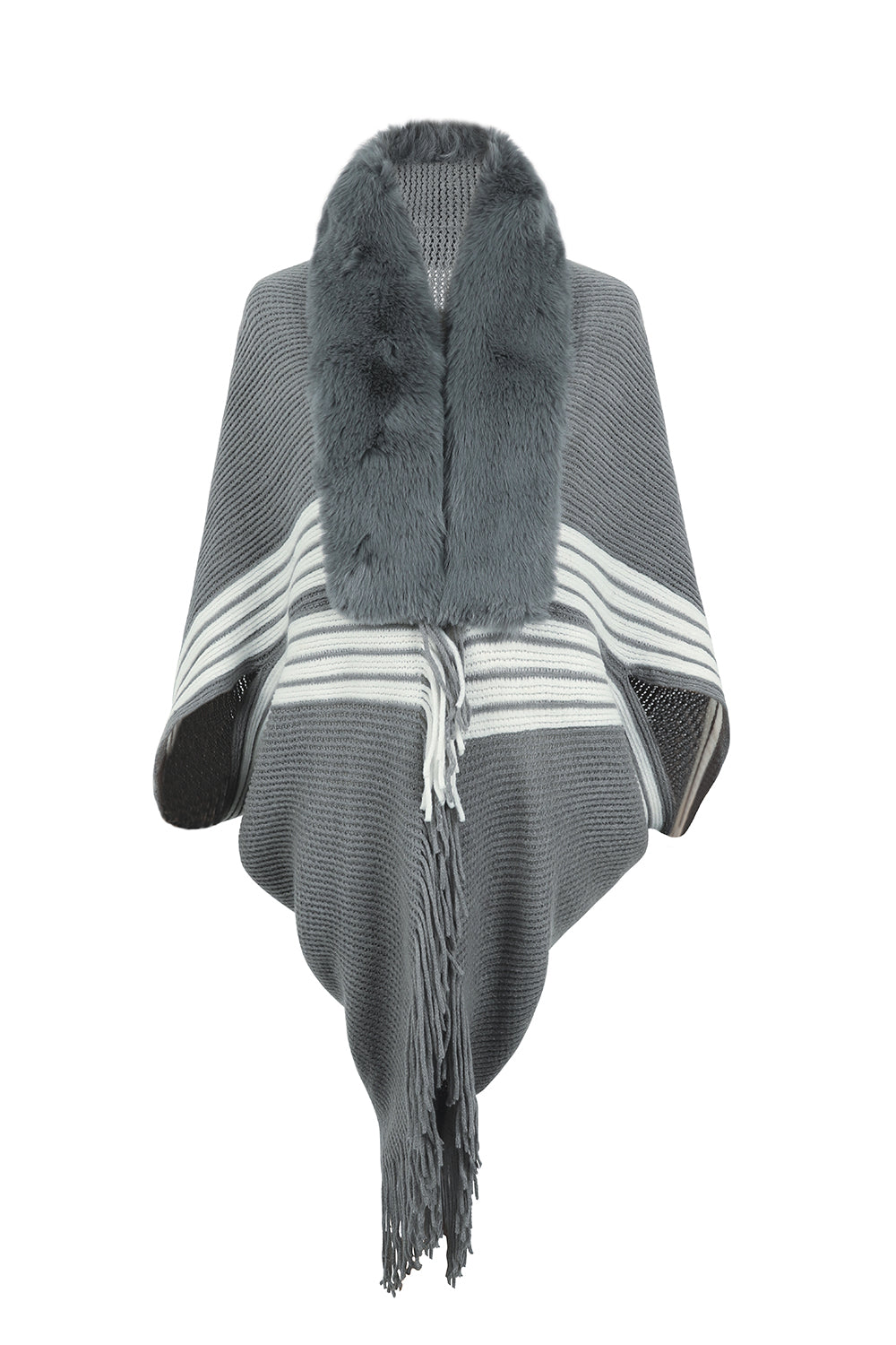 Striped Fringe Detail Long Sleeve Poncho - nailedmoms