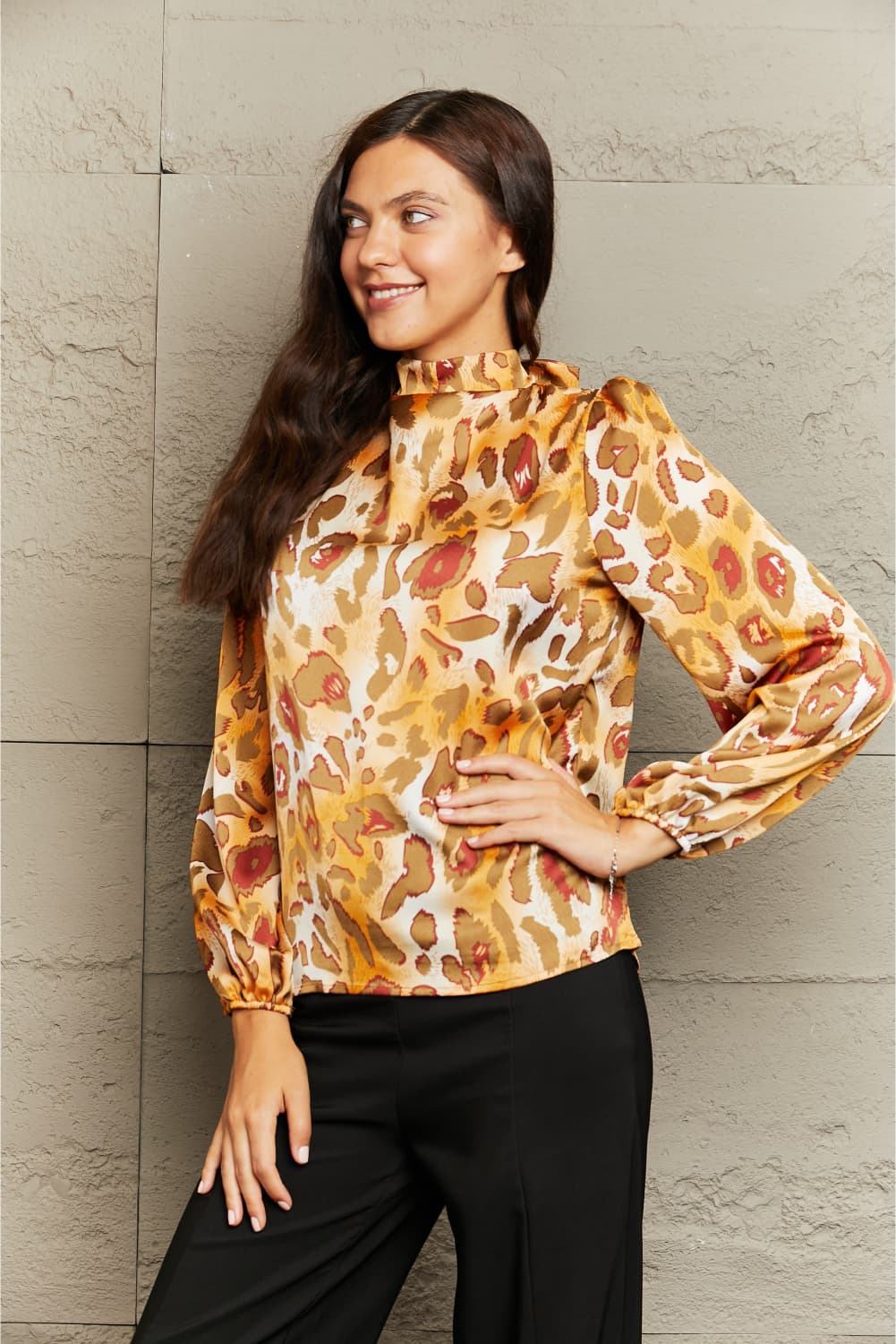 Printed Mock Neck Long Sleeve Blouse - nailedmoms