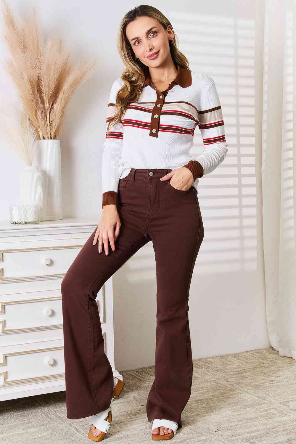 Basic Bae Striped Collared Neck Rib-Knit Top - nailedmoms