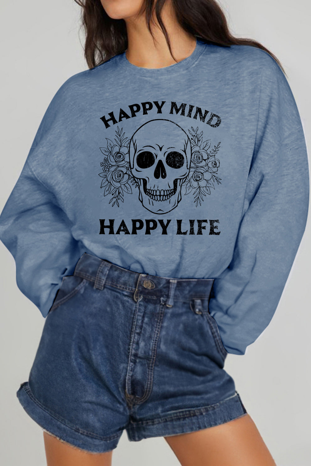 Simply Love Simply Love Full Size HAPPY MIND HAPPY LIFE SKULL Graphic Sweatshirt - nailedmoms
