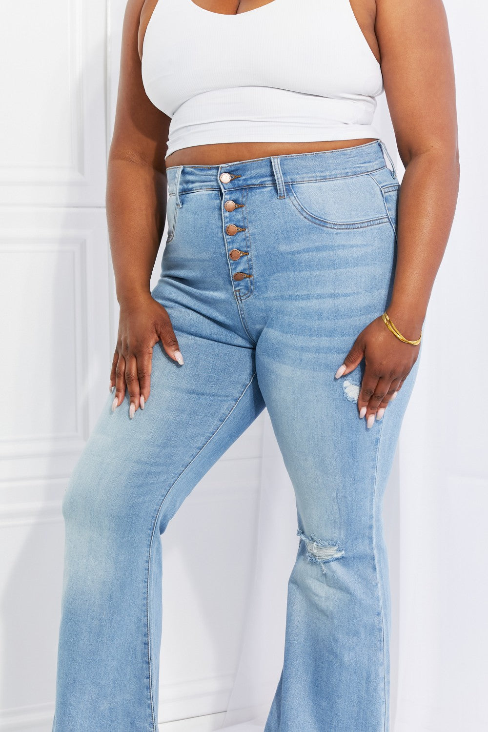 Vibrant MIU Full Size Jess Button Flare Jeans - nailedmoms