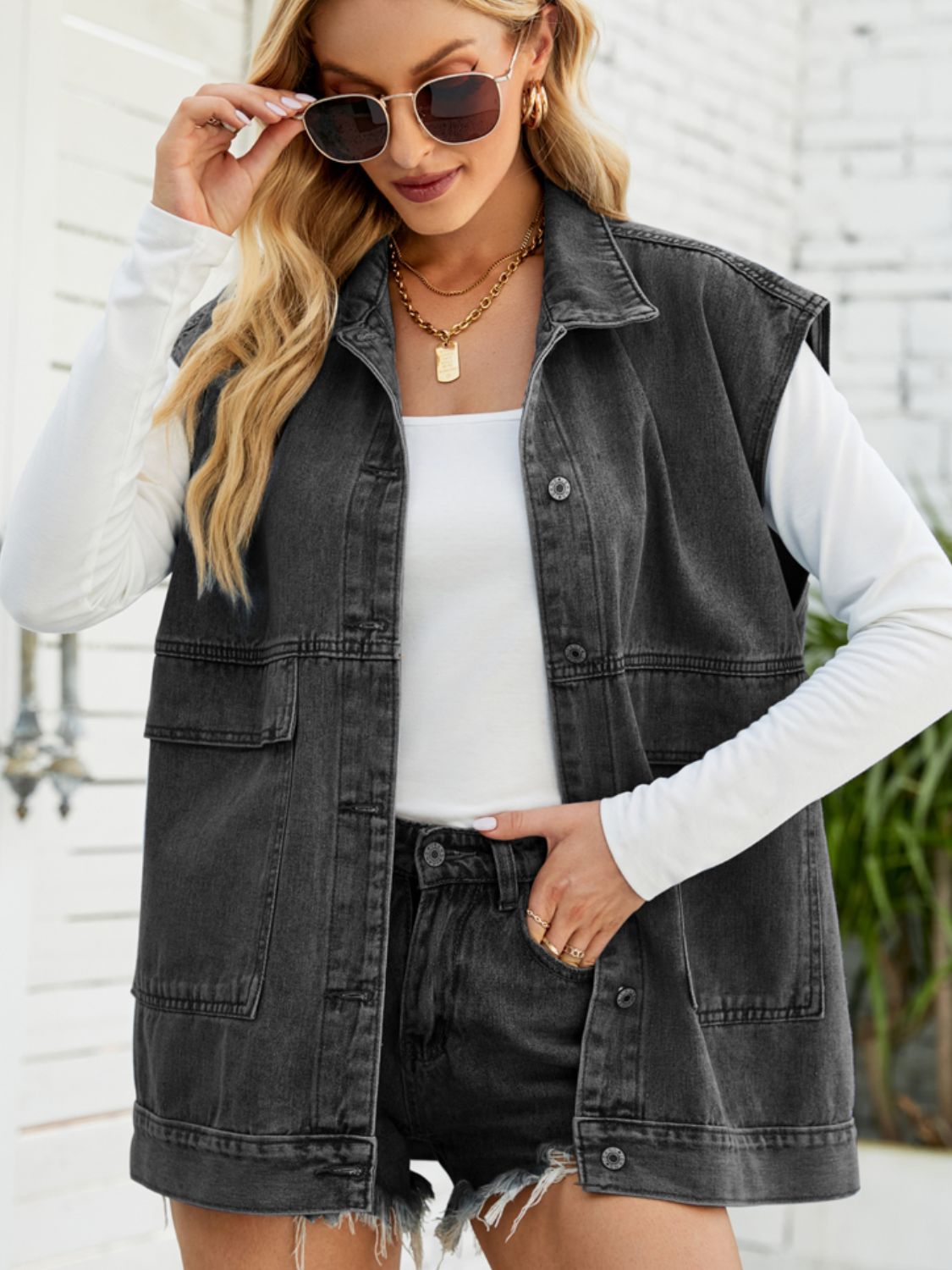 Collared Neck Sleeveless Denim Top with Pockets - nailedmoms