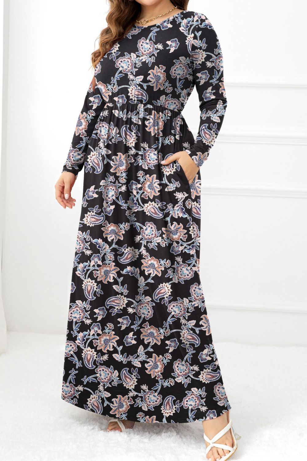 Plus Size Round Neck Long Sleeve Maxi Dress with Pockets - nailedmoms