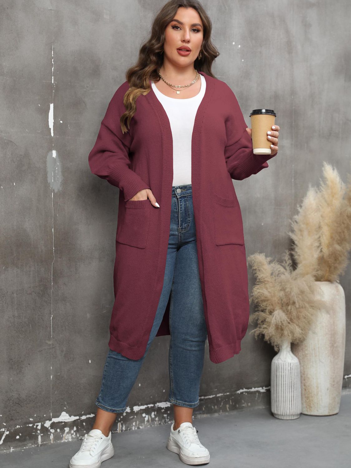 Plus Size Long Sleeve Pocketed Cardigan - nailedmoms