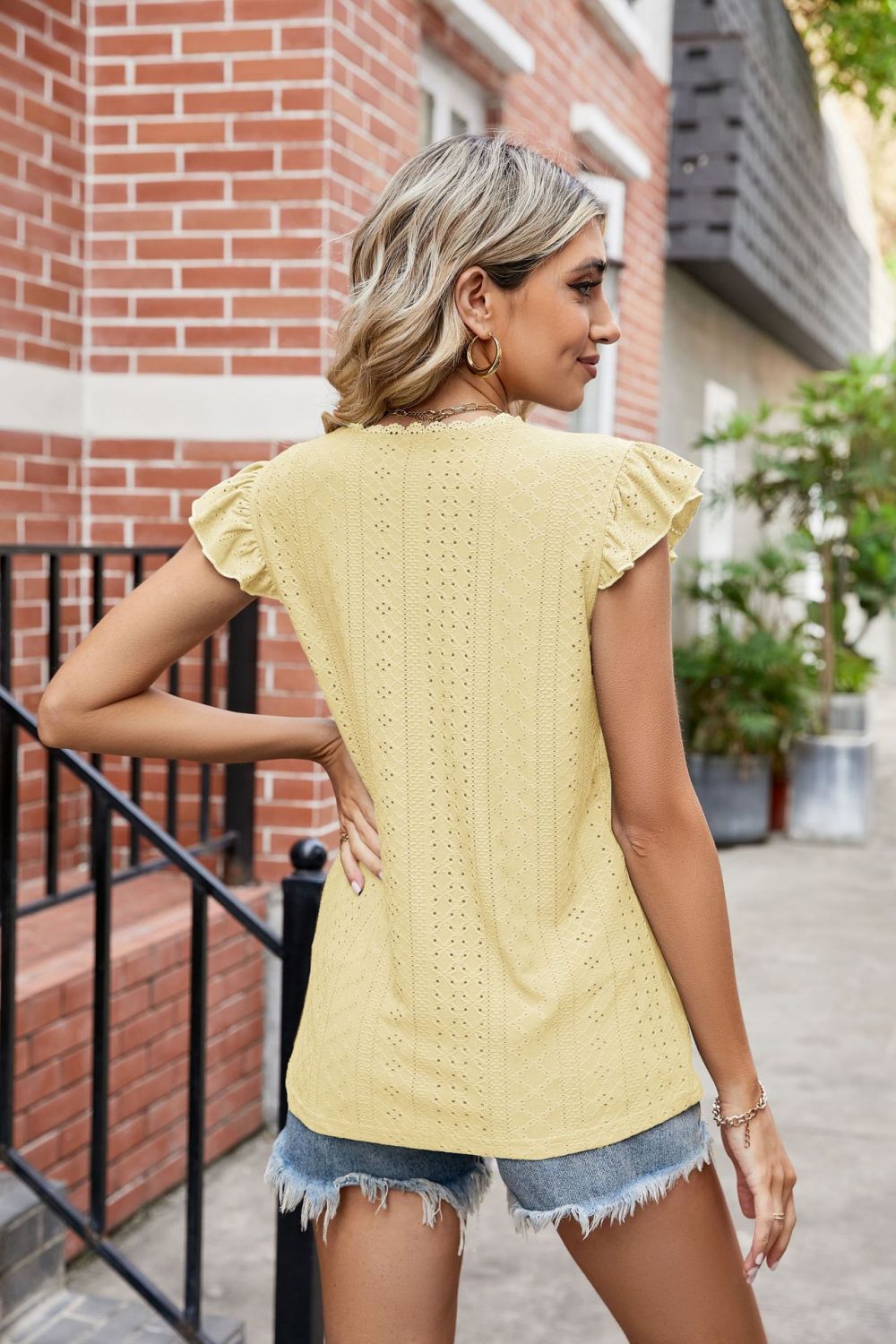 Eyelet Flutter Sleeve Scalloped V-Neck Top - nailedmoms