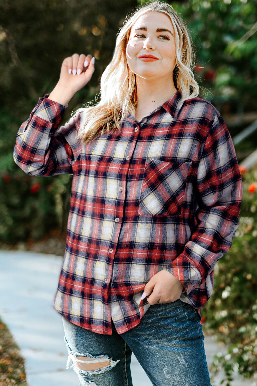 Plus Size Plaid Collared Neck Shirt - nailedmoms