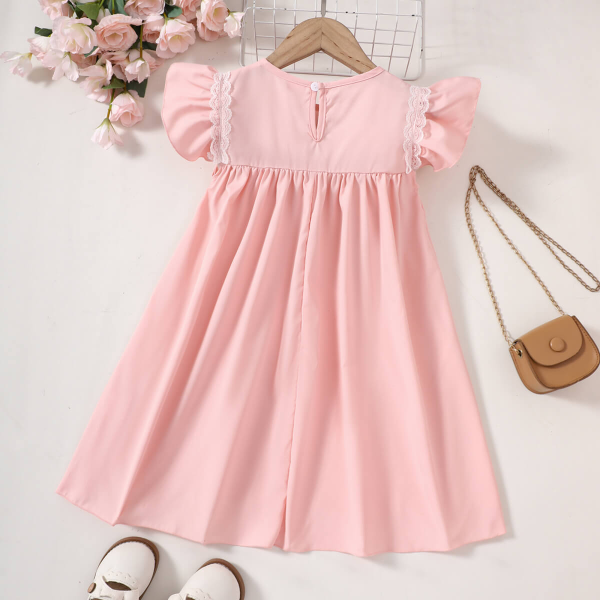 Girls Embroidered Lace Trim Round Neck Dress - nailedmoms