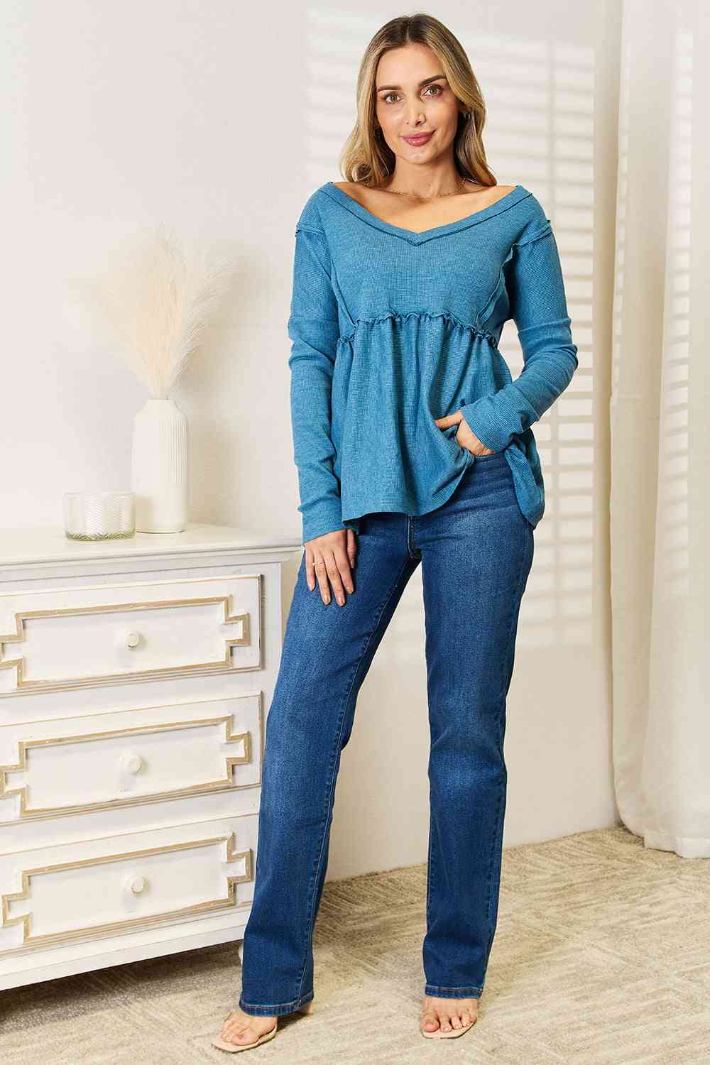 Jade By Jane Full Size Frill Trim Babydoll Blouse - nailedmoms
