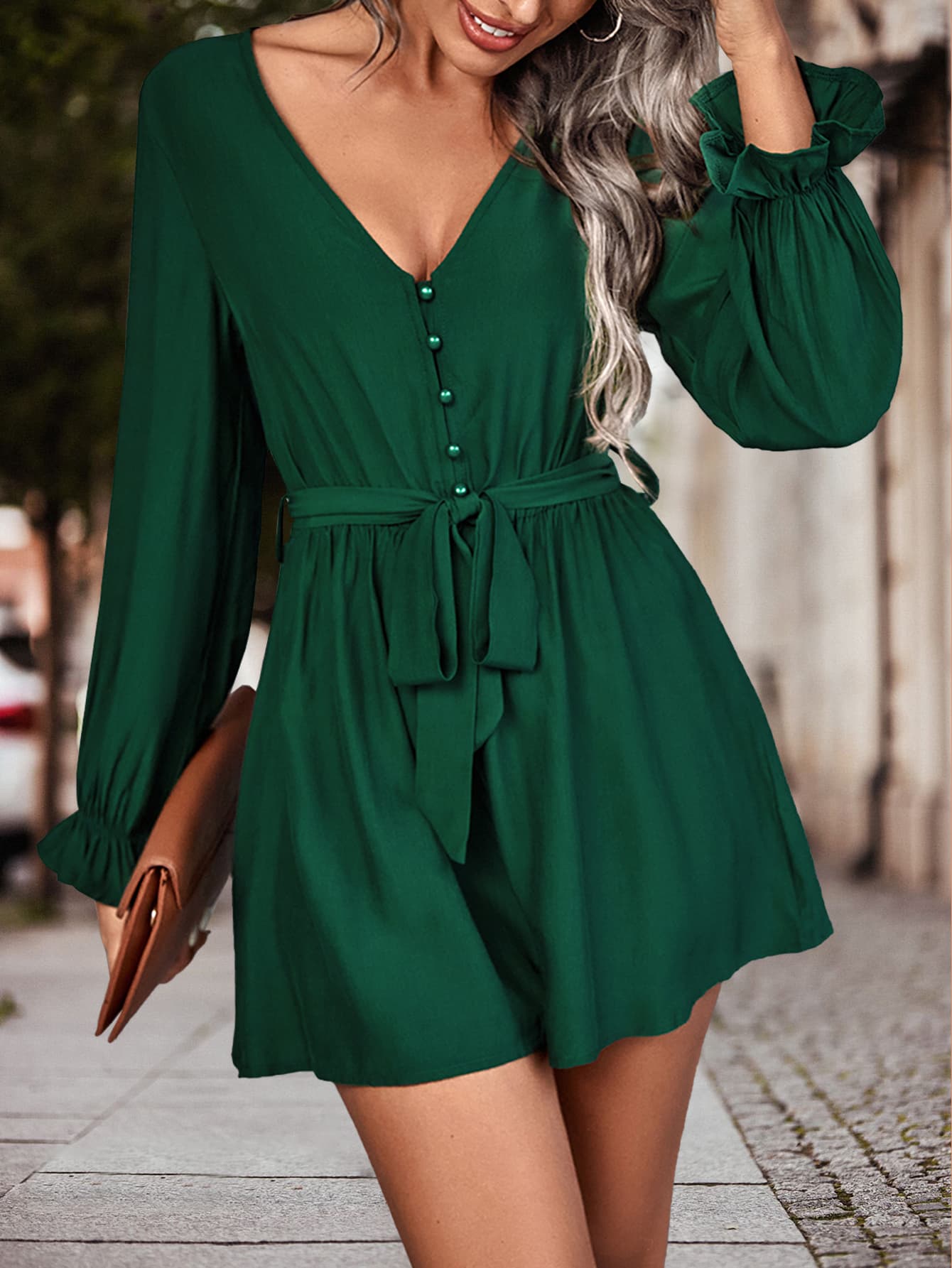 Long Flounce Sleeve V-Neck Romper - nailedmoms