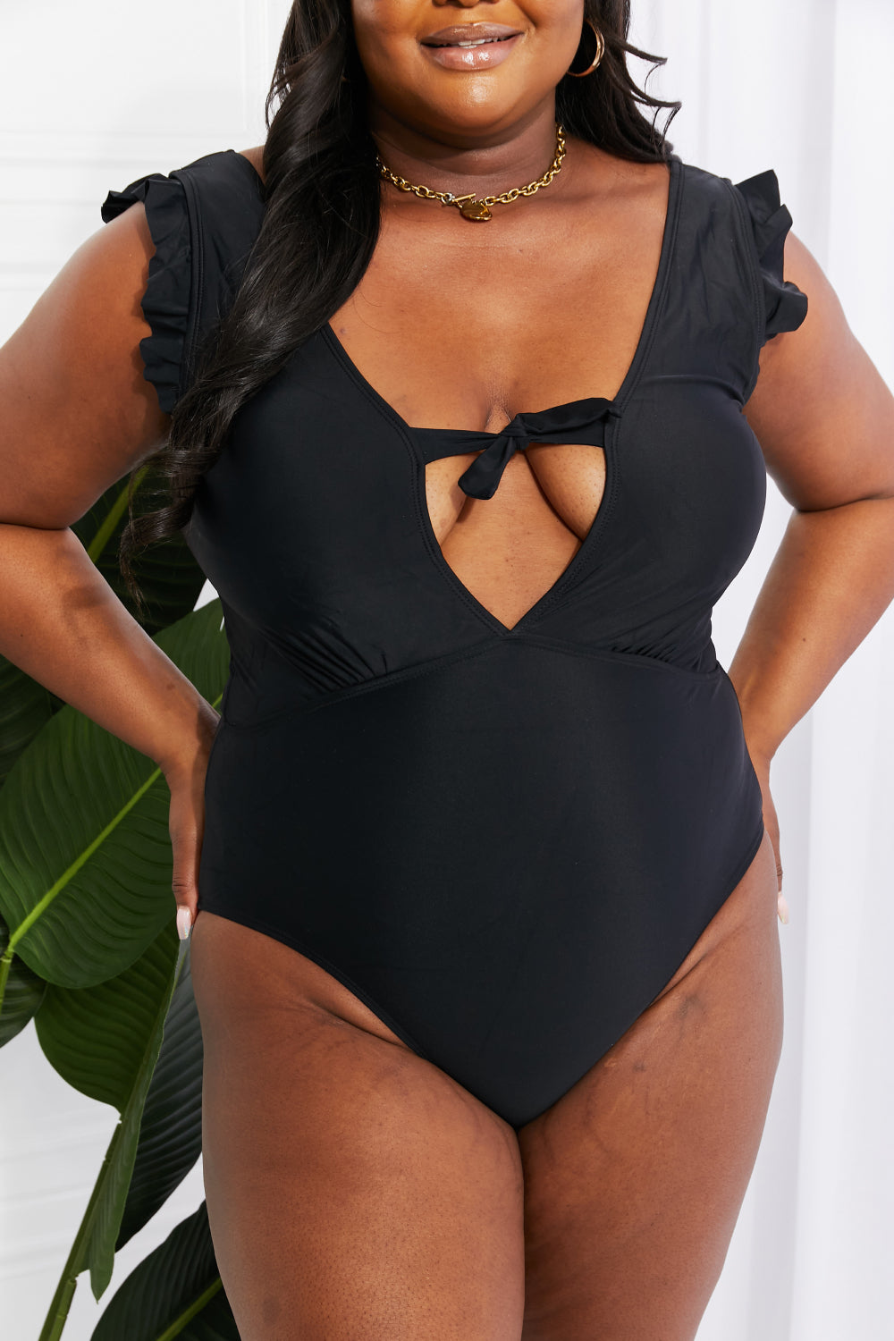 Marina West Swim Seashell Ruffle Sleeve One-Piece in Black - nailedmoms