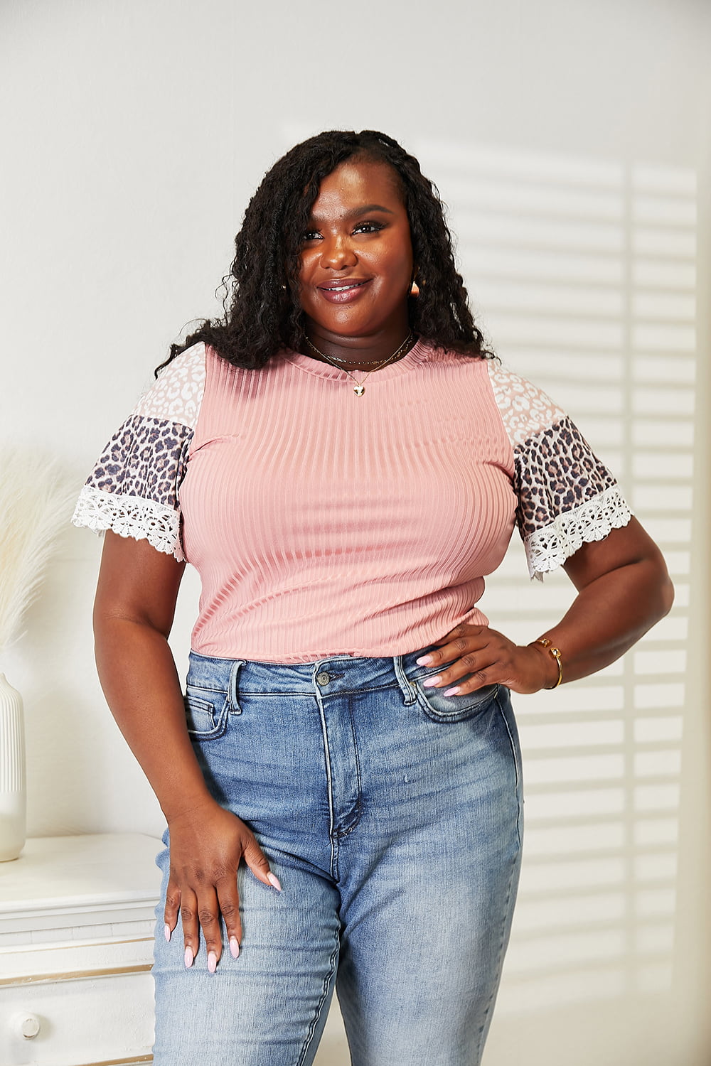 Double Take Leopard Lace Trim Ribbed Round Neck Top - nailedmoms