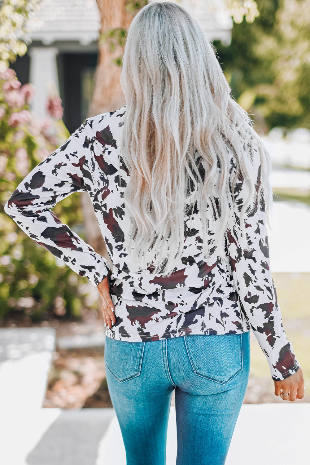 Cow Print Keyhole Long Sleeve Top - nailedmoms