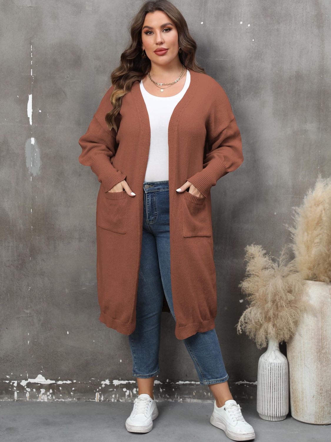 Plus Size Long Sleeve Pocketed Cardigan - nailedmoms