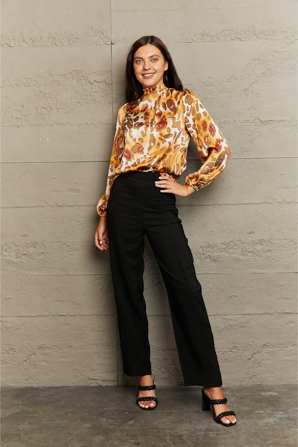 Printed Mock Neck Long Sleeve Blouse - nailedmoms