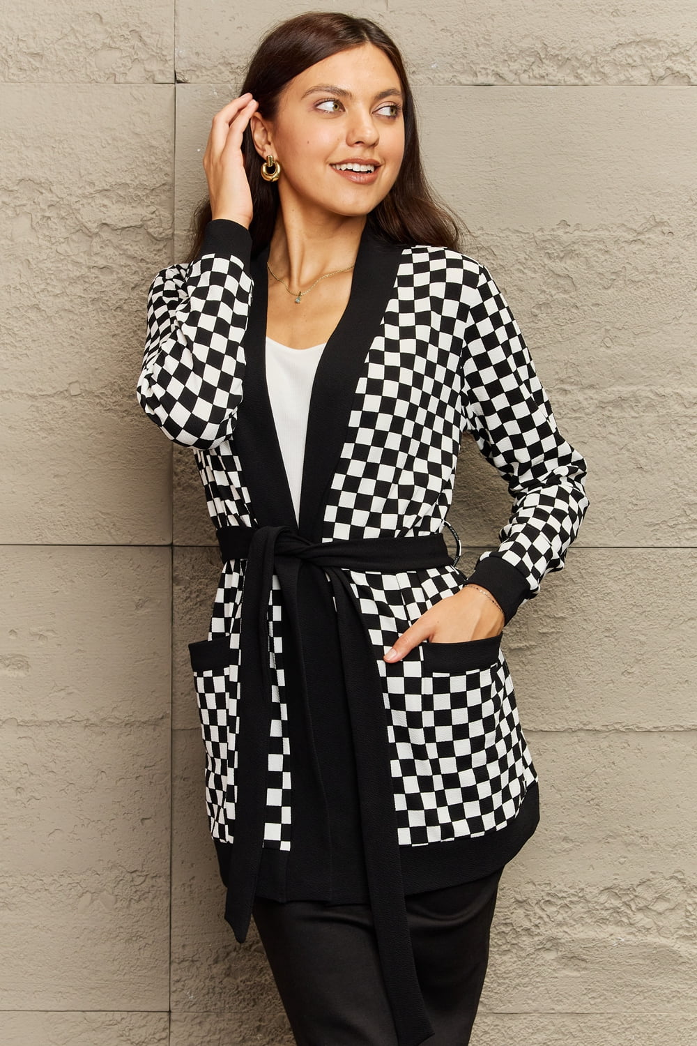 Ninexis Full Size Plaid Tie Waist Pocketed Cardigan - nailedmoms