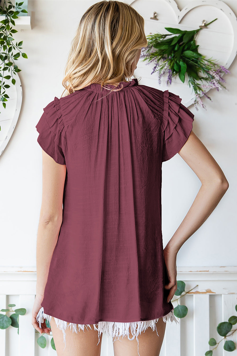 Tie-Neck Flutter Sleeve Blouse - nailedmoms