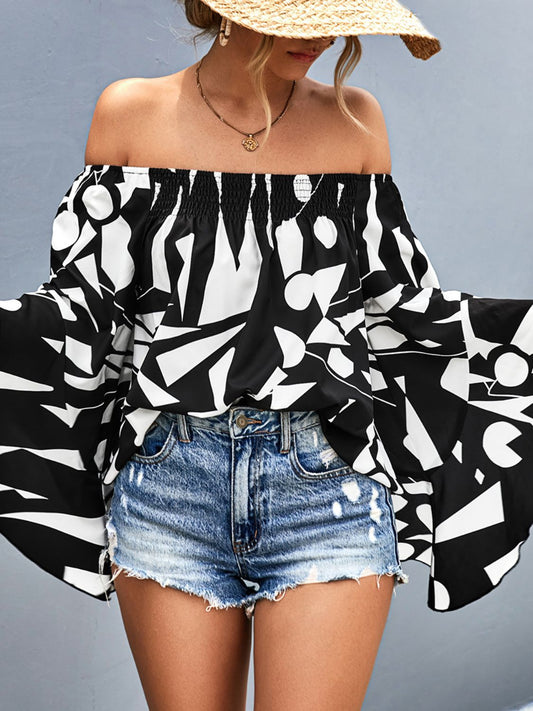Printed Off-Shoulder Bell Sleeve Blouse - nailedmoms