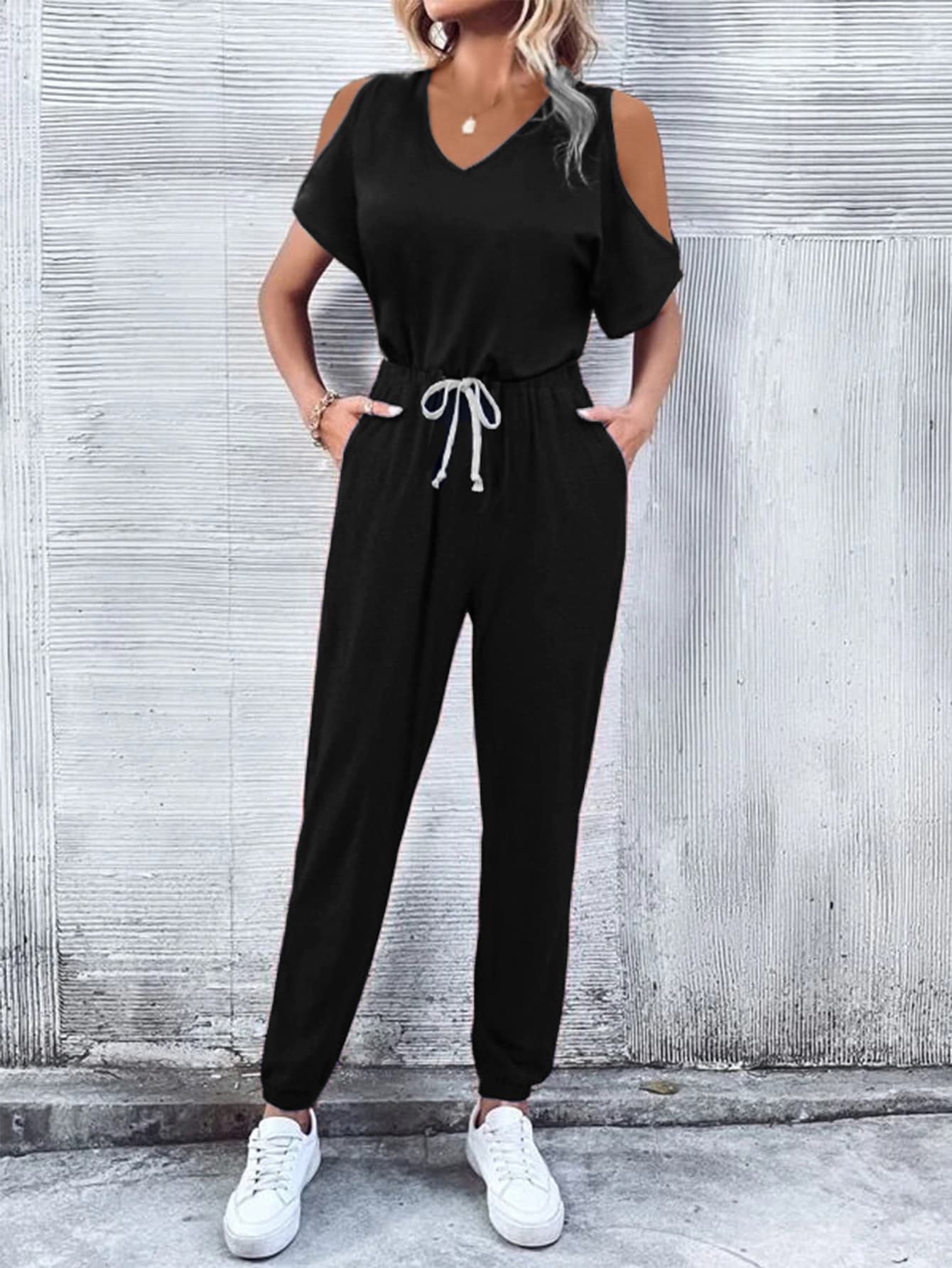 V-Neck Cold-Shoulder Jumpsuit with Pockets - nailedmoms